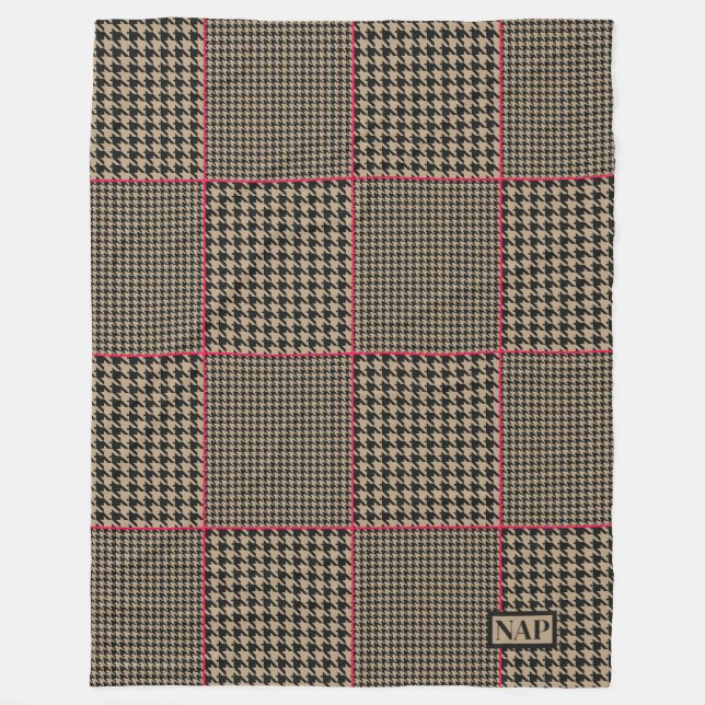 Designer Hahnentrittmuster Black Taupe Hot Pink Ka Fleecedecke (Vorderseite)