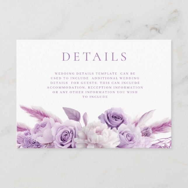 Designer Lila Lavender Floral Wedding Details Begleitkarte (Vorderseite)