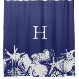 Designer Navy Blue & White Künstlerisch Seashells Duschvorhang