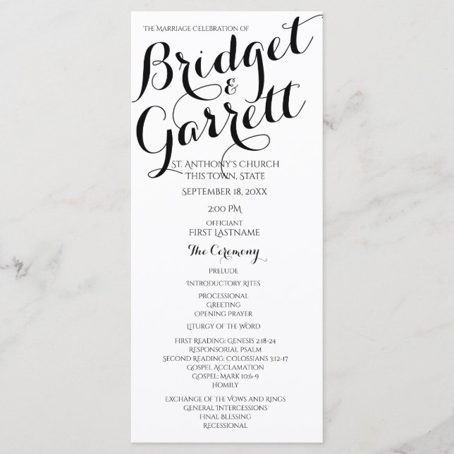 Designer Text Black and White Wedding Program Programm (Vorderseite)