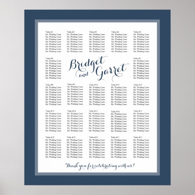 Designertext Navy Blue Wedding Chart Poster (Vorne)