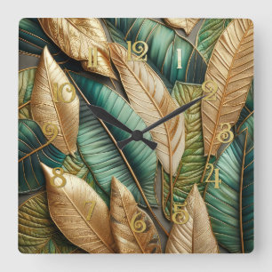Designs von Gold Green Tropical Blätter Quadratische Wanduhr
