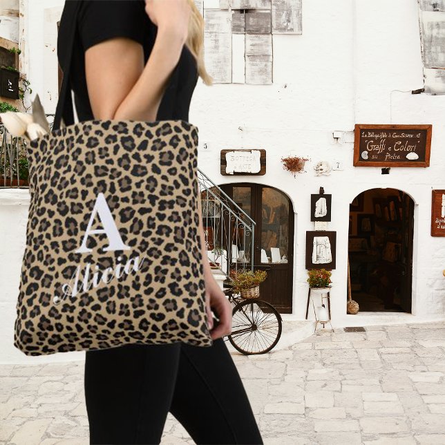 Designy Leopard Print Custom Monogram & Name Tasche (Von Creator hochgeladen)