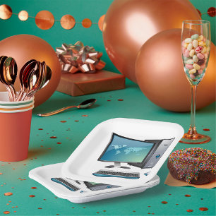Desktop-Computer mit Monitor, Tastatur und Maus Pappteller