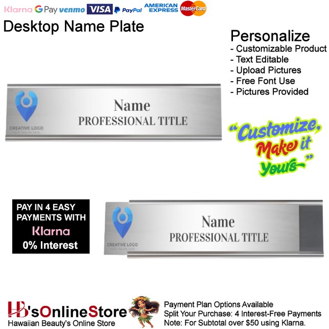 Desktop-Silbernamensplatte mit Logo und Slogan Schreibtischnamensplakette (Desktop Silver Name Plate with Logo & Slogan 1.)