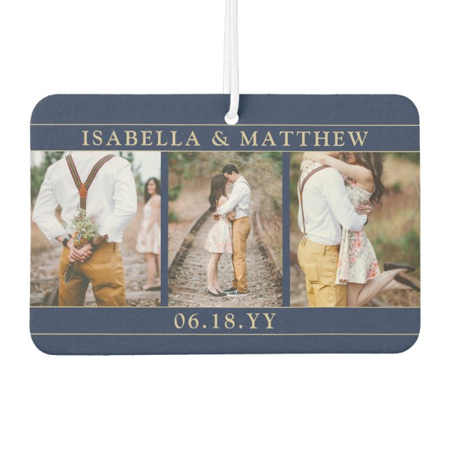 Désodorisant Pour Voiture 4 Photo Mariage Collage Marine Blue & Gold Heart (Devant)