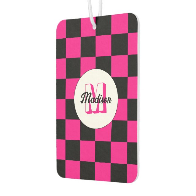 Désodorisant Pour Voiture à damiers carré chaud rose noir rétro Monogramme (Gauche)