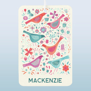 Désodorisant Pour Voiture Aquarelle florale d'oiseaux modernes Nom personnal