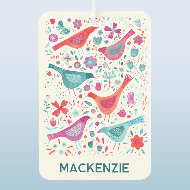 Désodorisant Pour Voiture Aquarelle florale d'oiseaux modernes Nom personnal (Birds and flowers watercolor personalized name art vehicle car air freshener)
