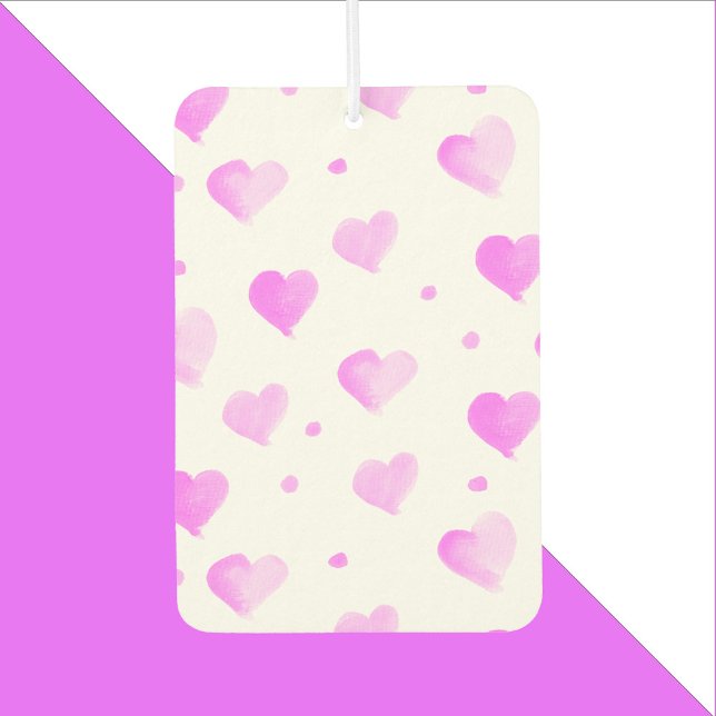 Désodorisant Pour Voiture Coeurs Pois Aquarelle Motif rose (An air freshener with a pink watercolor heart pattern.)