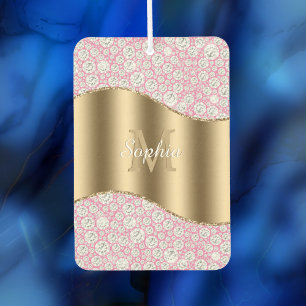 Désodorisant Pour Voiture Diamants de Glam sur rose, Monogramme d'or, Nom du