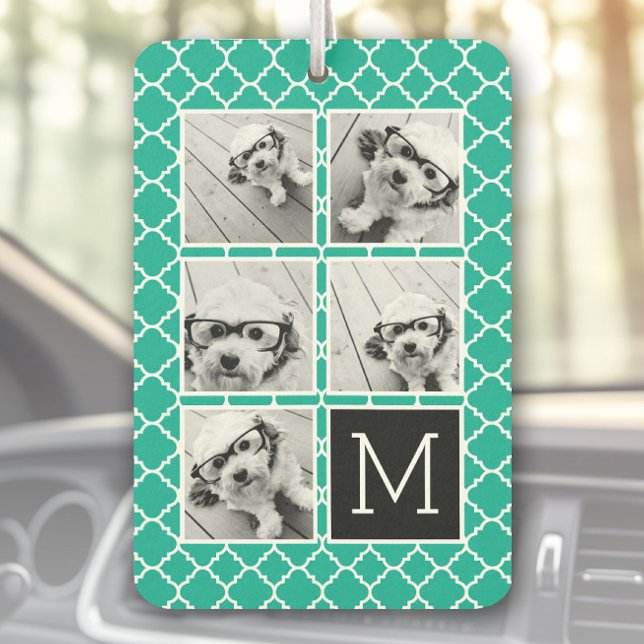 Désodorisant Pour Voiture Emerald & Black Instagram 5 Photo Collage Monogram (Personalized Car Air Freshener)