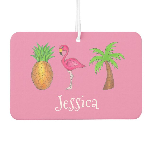 Désodorisant Pour Voiture Flamant rose rose Tropical Island Palm Tree Ananas (Devant)