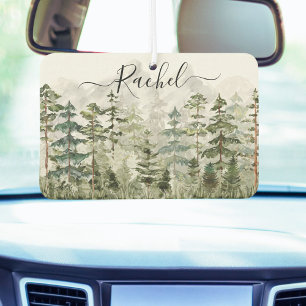Désodorisant Pour Voiture Forêt de pins verte sur montagne à l'aquarelle Mon