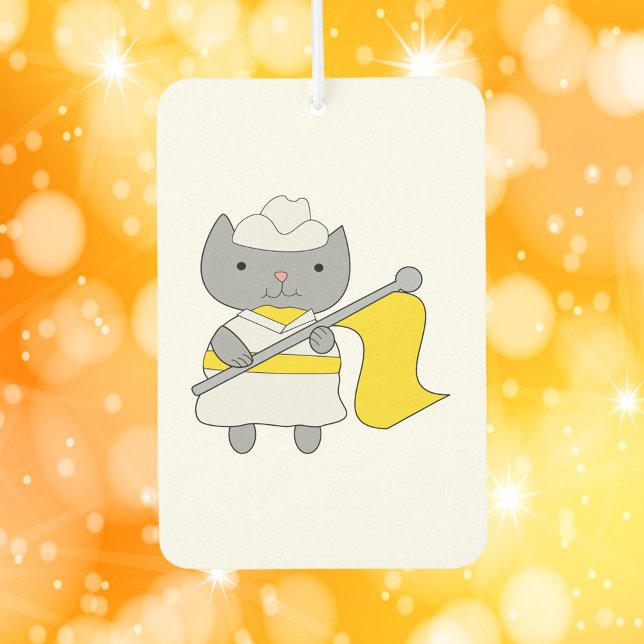 Désodorisant Pour Voiture Garde couleur gris chat jaune blanc (An air freshener featuring a gray cat in a yellow and white color guard uniform.)