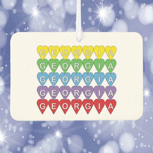 Désodorisant Pour Voiture Georgia Hearts Rainbow (An air freshener that says Georgia in yellow, green, blue, red and purple.)