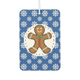Désodorisant Pour Voiture Gingerbread Man on Blue White Snowflakes