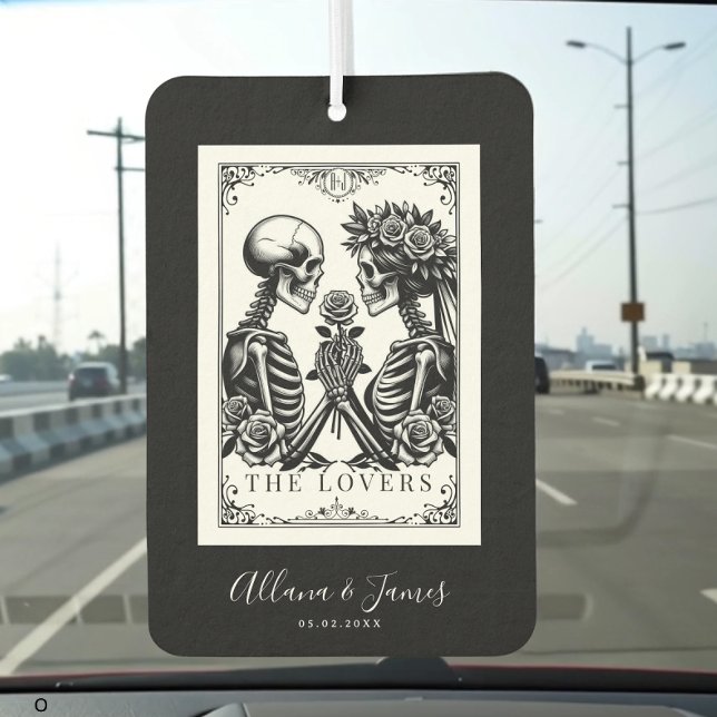 Désodorisant Pour Voiture Les Lovers Tarot Card Skeletons Monogram Mariage (Custom wedding air freshener with skeleton lovers tarot card design, personalized names, and date.)