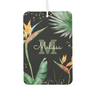 Désodorisant Pour Voiture Monogramme Tropical Palm Foliage Or Noir Script
