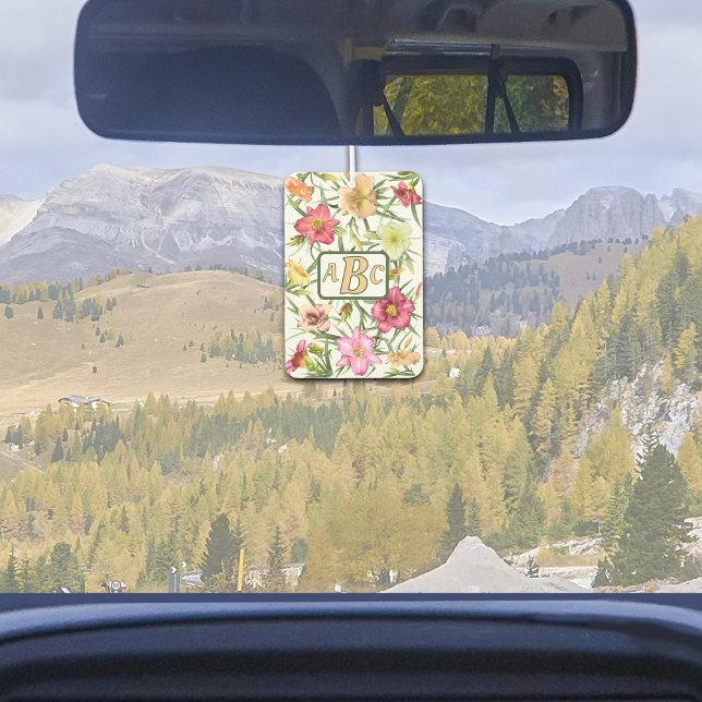 Désodorisant Pour Voiture Motif botanique fleuri de jour Personnalisé (Daylilies Botanical Floral Pattern Customizeable Monogram or Initials Air Freshener for Car or Home)
