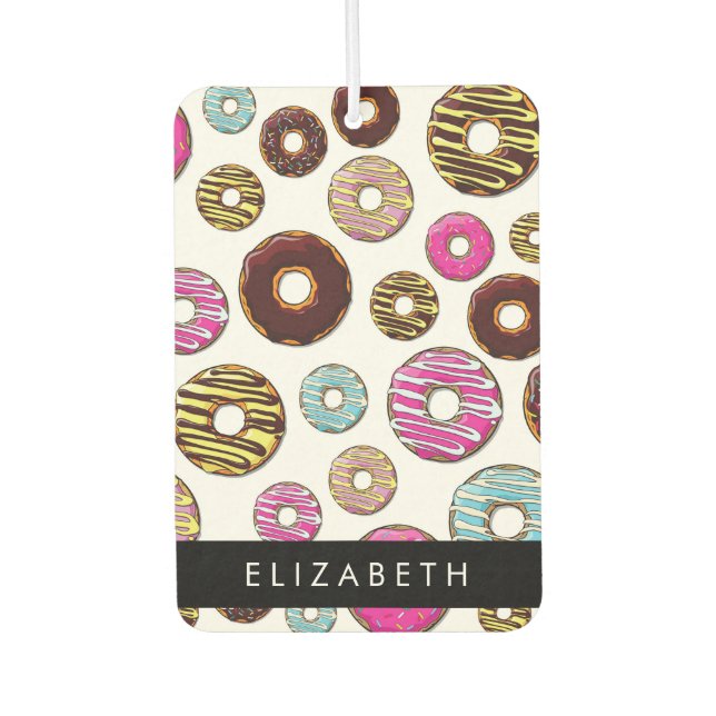 Désodorisant Pour Voiture Motif De Donuts, De Donuts Colorés, Votre Nom (Devant)
