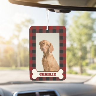 Désodorisant Pour Voiture Photo de chien et nom sur carreaux de buffle rouge