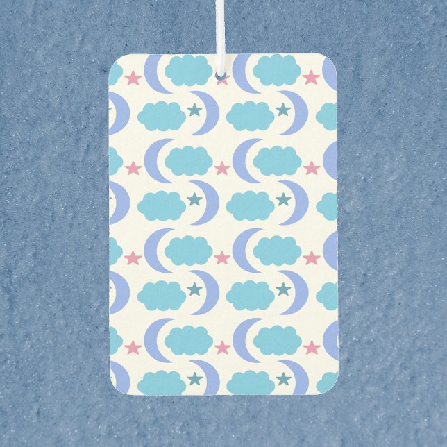 Désodorisant Pour Voiture Stars Moon Clouds Pattern Blue Pink Purple (An air freshener with a pattern of blue clouds, purple moons and pink stars.)