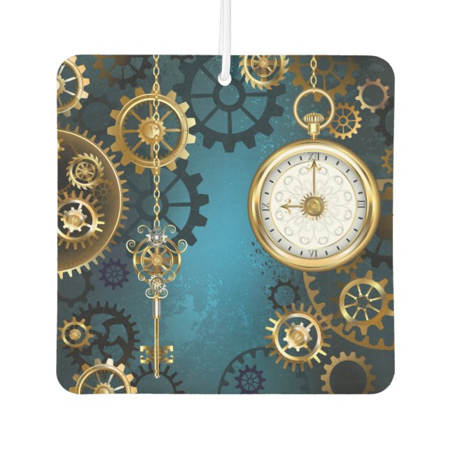 Désodorisant Pour Voiture Steampunk Arrière - plan turquoise avec Gears (Devant)