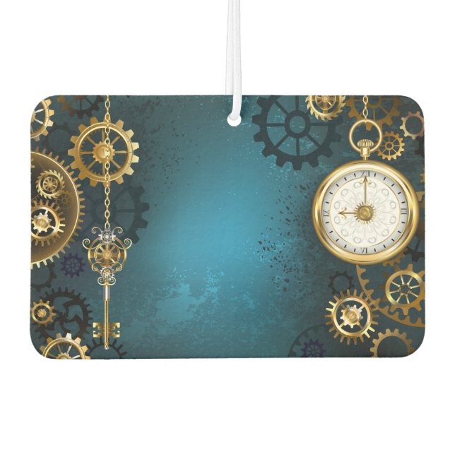 Désodorisant Pour Voiture Steampunk Arrière - plan turquoise avec Gears (Devant)