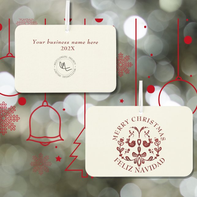 Désodorisant Pour Voiture Texte bilingue espagnol de Noël Oiseaux de Bourgog (Christmas business bilingual air freshener. Custom Spanish. Small business marketing Multilingual )