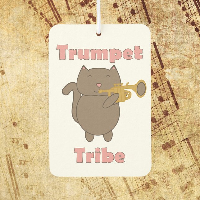 Désodorisant Pour Voiture Trumpet Tribe Cat Music (An air freshener with a picture of a brown cat playing the trumpet and the words trumpet tribe.)