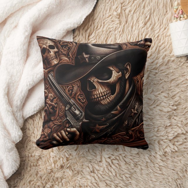 Desperado Death: Gun-Wielding Skull in Cowboy Hat Kissen (Decke)
