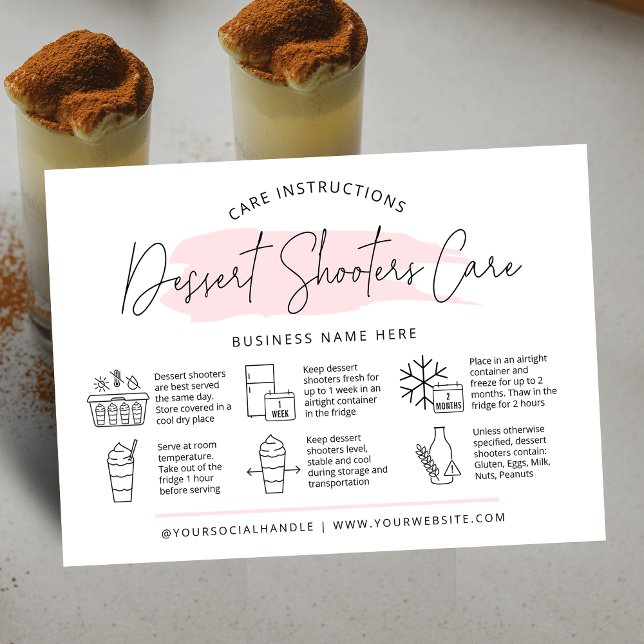 Dessert Cake Tireur Cartes de soins Moderne Rose C (Dessert shooters care cards with icons, modern script font and pink watercolor and your logo)