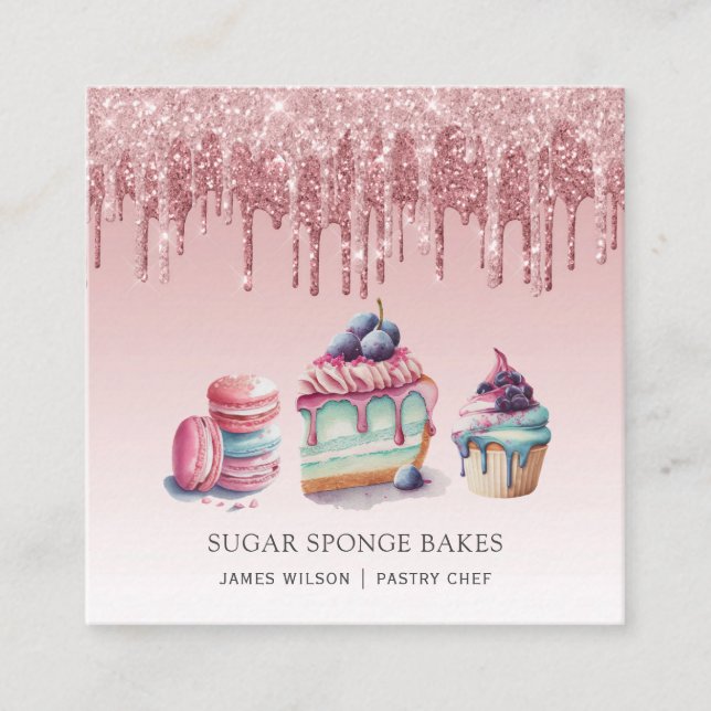 Desserts Konditorei Koch Bäcker Rose Gold Glitzer Quadratische Visitenkarte (Vorderseite)