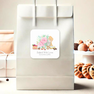 Desserts mit Mixer und Rosen, mit Liebe gebacken Quadratischer Aufkleber