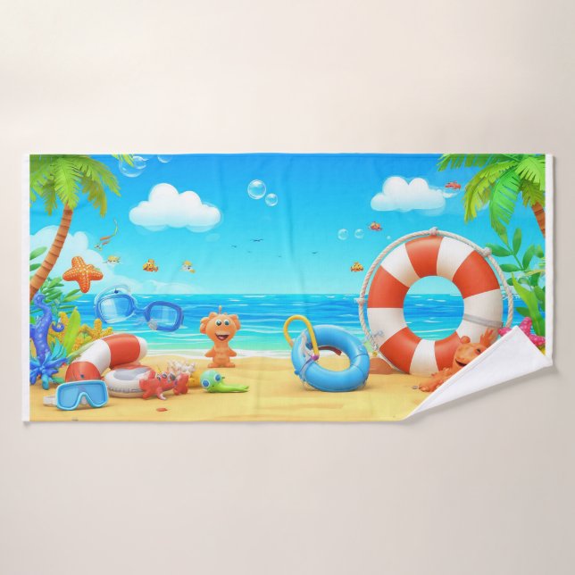 Dessin coloré Scène de plage tropicale (Serviette de bain)