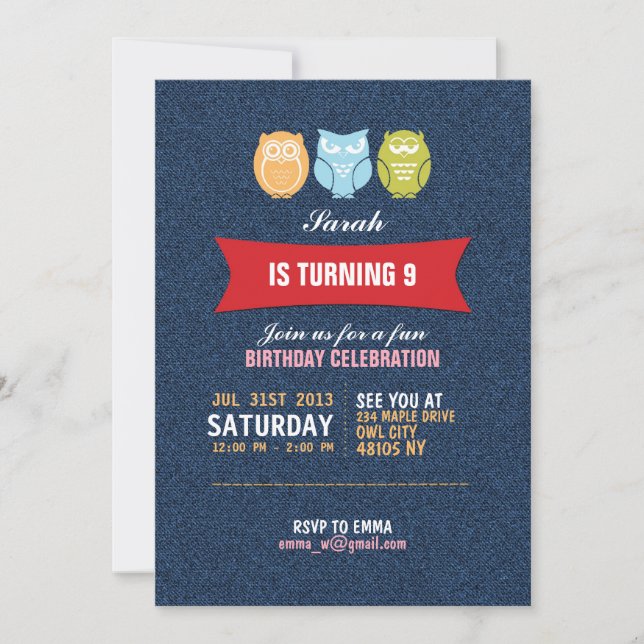 Dessin de Denim Owl Invitation pour enfants (Devant)