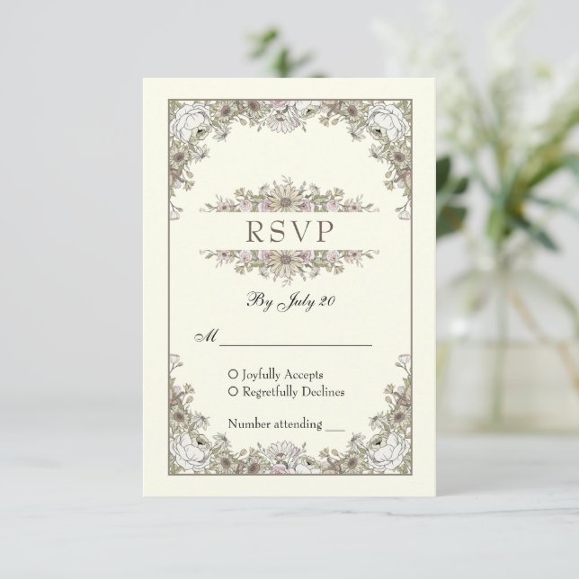 Dessin fleurs ivoire romantique mariage carte rsvp (Debout devant)
