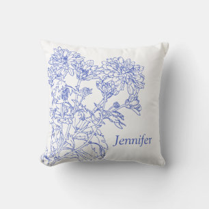 dessin graphique Chrysanthèmes bleus oreiller pers