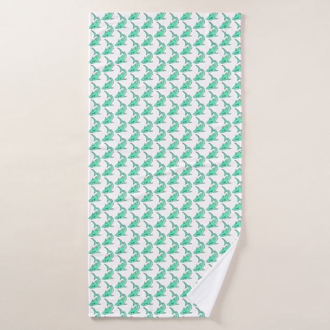 dessin souriant requin menthe bleu vert océan anim (Serviette de bain)