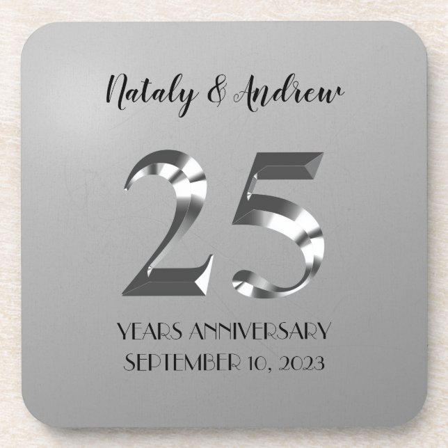 Dessous-de-verre 25e anniversaire Mariage d'argent métallique (Devant)
