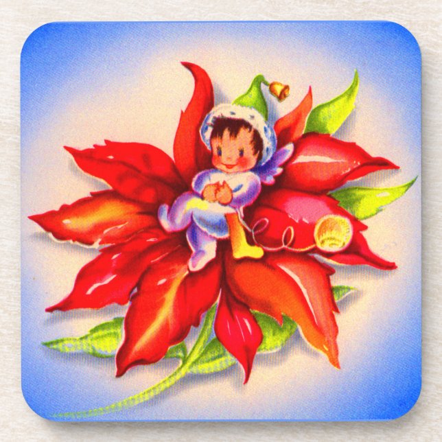 Dessous-de-verre adorable elfe de Noël dans un poinsettia (Devant)