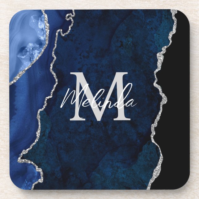 Dessous-de-verre Agate de marbre bleu marine et argenté (Devant)