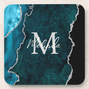 Dessous-de-verre Agate de marbre bleu turquoise et argenté