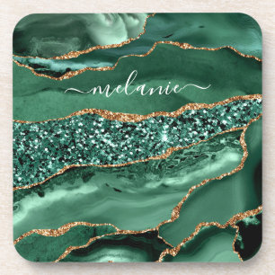 Dessous-de-verre Agate Green Gold Glitter Geode Marble Custom Name