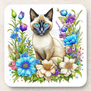 Dessous-de-verre Ai Aquarelle Siamese Chat en Fleurs