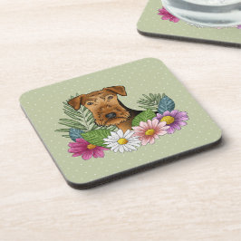 Dessous-de-verre Airedale Chien Terrier Avec Fleurs Colorées Vert