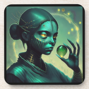 Dessous-de-verre Alien Lady détient un objet en verre transparent
