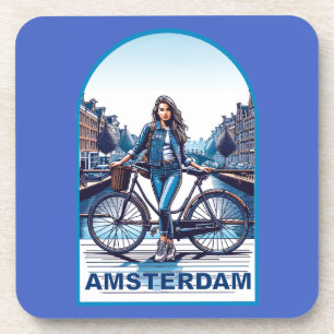Dessous-de-verre Amsterdam fille avec vélo sur pont