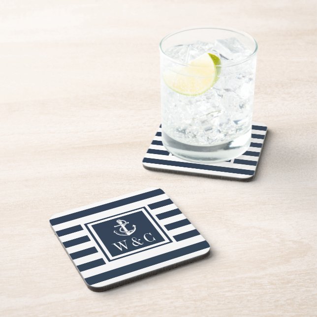 Dessous-de-verre Ancre nautique à monogramme rayée bleu marine (Côté Droit)